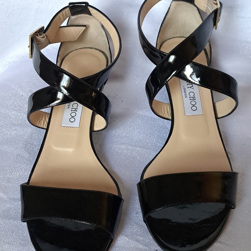 Jimmy Choo Glossy Black Wedge Sandals